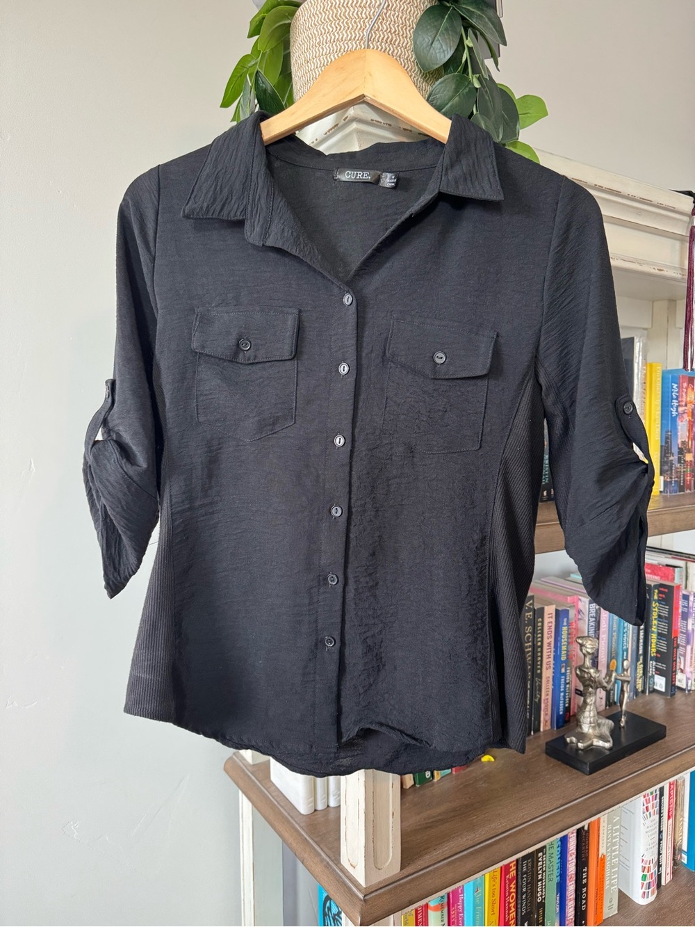 Black Button-Up Roll-Sleeve Women's Shirt